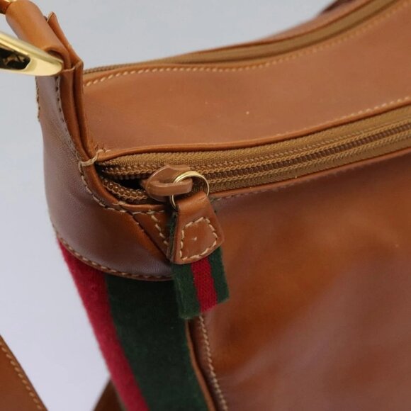 GUCCI Web Sherry Line Shoulder Bag Leather Brown Red Green Auth - Picture 8 of 15